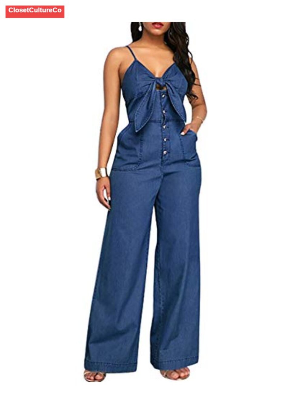 Women's Halter Lace Up Backless Wide Leg Denim Jumpsuit with Belt